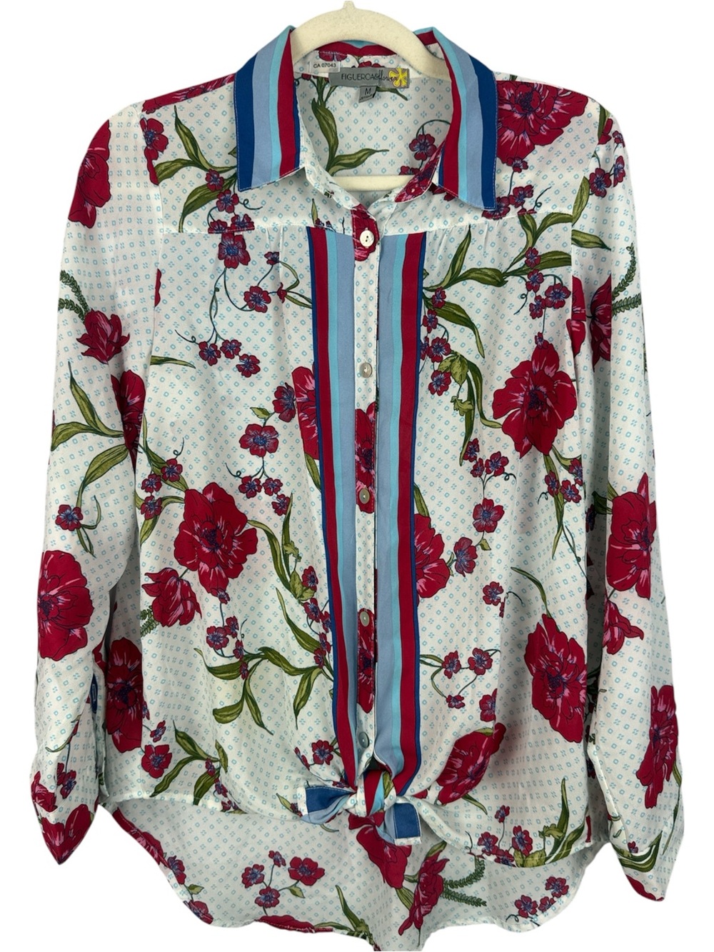 Figueroa & Flower Button-Front Floral Geometric Tie-Hem Medium Shirt Red Floral